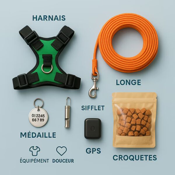 Vue de dessus d’un kit anti-fugue : harnais, longe, médaille, sifflet, friandises, GPS