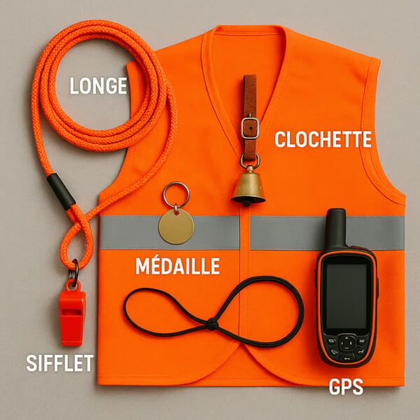 Flat-lay d’équipement de chasse sécurisé : gilet orange, longe, sifflet, clochette, médaille, GPS