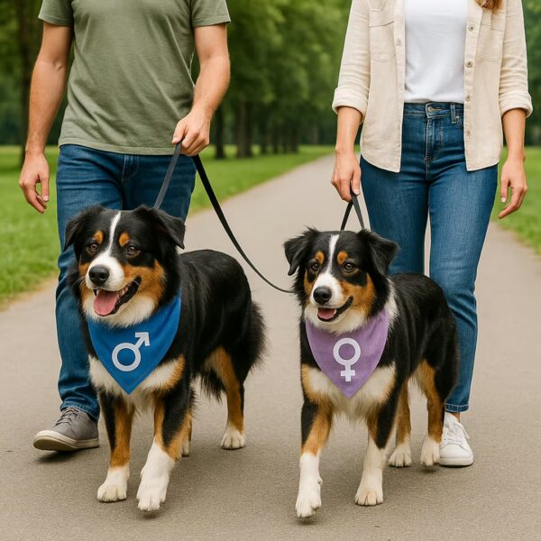 Deux Bergers Australiens en laisse dans un parc, mâle bandana bleu et femelle bandana violet, marchant avec leurs humains