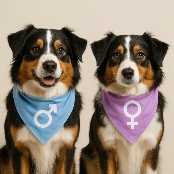Deux Bergers Australiens en studio, bandanas symbole mâle bleu et femelle violet, posant côte à côte