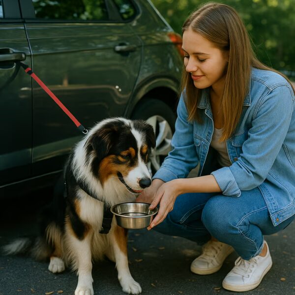 Berger Australien en laisse buvant dans une gamelle près d’une voiture, parking ombragé.