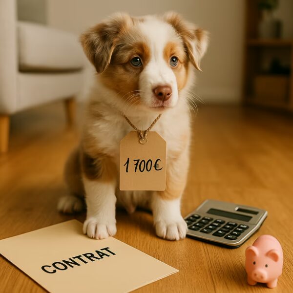 Chiot Berger Australien assis au sol près d’un dossier « contrat », d’une calculatrice et d’une tirelire, ambiance salon ; mise en scène des coûts d’achat chez l’éleveur.