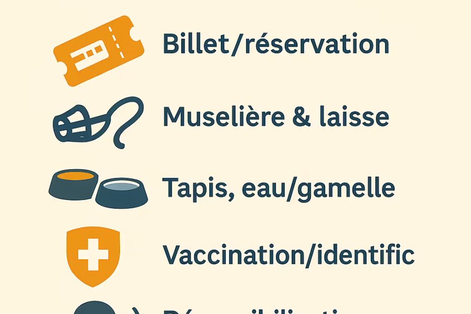 Infographie carrée « Voyager en train avec son Berger Australien » : rappel billet/réservation, muselière & laisse, tapis + eau/gamelle, identification & vaccins, désensibilisation au bruit/mouvement, place côté couloir, pauses et sacs à déjections.